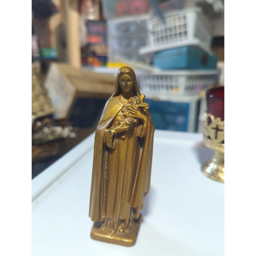 Vintage French St Therese of Lisieux Little Flower Gold Patina Metal Statue
